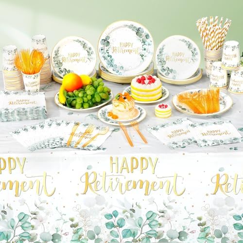 Potchen 452 Pcs Retirement Plates Napkins Party Supply, Green Gold - Image 4
