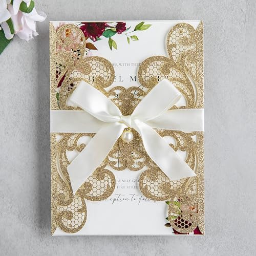 20Pcs Gold Glitter Laser Cut Wedding Invitation Cards With Envelopes - Image 2