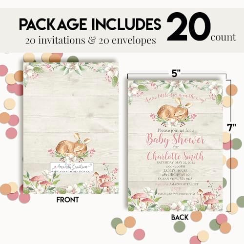 Amanda Creation Custom Baby Shower Invitations Girl, 20 Pack 5x7 Personalized Baby Girl Shower Invitations, Little Deer Woodland Design with 20 White Envelopes - Image 4