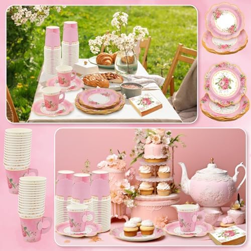 200Pcs Floral Tea Cups and Saucers for Tea Party Supplies, Disposable Tea Cups with Handle and Paper Napkins Dinnerware for Floral Theme Birthday Wedding Bridal Shower Baby Shower（Pink） - Image 7