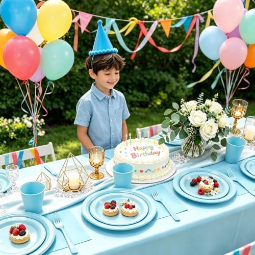 Light Blue Plastic Plates Party Set 30 Guests for Wedding Birthday - Image 6