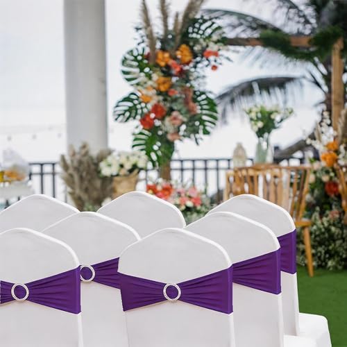 Spandex Purple Chair Sashes 100 Pack Wedding Chair Bows Bands Silver Buckle - Image 3