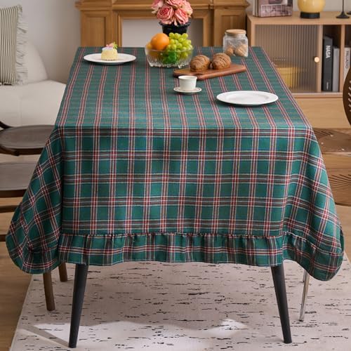 vctops Christmas Green Plaid Ruffle Table Cloth, Farmhouse Cotton Linen Tablecloth, Washable Table Cover for Rectangle Table Baby Shower Kitchen Party Wedding Decor (Dark Green,70"x134") - Image 2