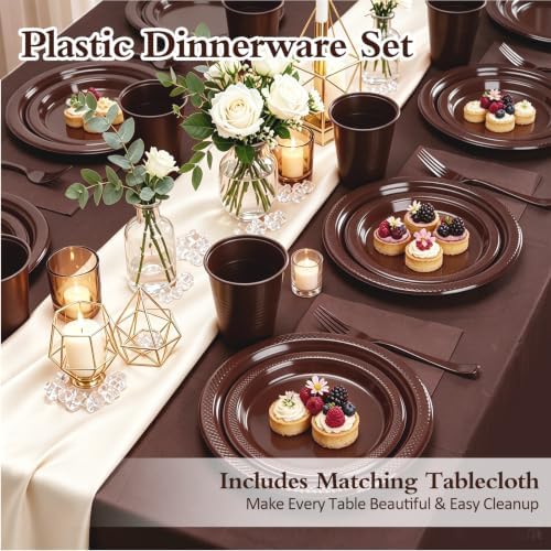 Brown Plastic Plates for Party,30 Guest Disposable Brown Party Supplies Including Dinner&Dessert Plate,12oz Cups,Cutlery,Napkins & Tablecloth Dinnerware Decorations for Birthday Wedding - Image 2