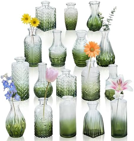 17Pack Glass Bud Vases in Bulk Dark Green Small Mini Vase for Flowers by PXDSDXJJWEDDING%EF%BC%86HOMEDECOR