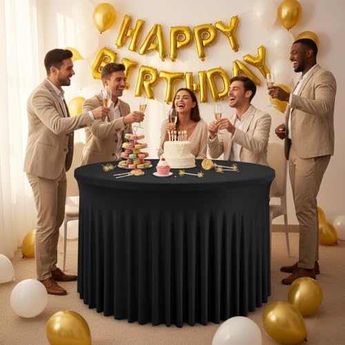 6 Pack Black Spandex Table Skirts for 60 Inch Round Tables, Wedding Party - Image 3