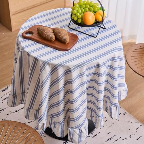 vctops Farmhouse Navy Stripe Ruffle Table Cloth, Boho Cotton Linen Tablecloth, Washable Table Cover for Round Table Baby Shower Kitchen Party Wedding Decor (Navy A,70") - Image 3