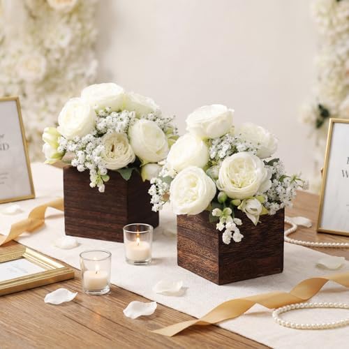 Suncalla 6 Sets Artificial Peonies Flower Centerpieces Wood Box,White - Image 3