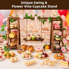 3 Tier Wooden Cupcake Stand with Unique Swing & Flower Decor, Rustic Dessert Table Display Set, Foldable Ladder Serving Tray for Wedding, Baby Shower, Birthday Party & Event Centerpiece - Image 7