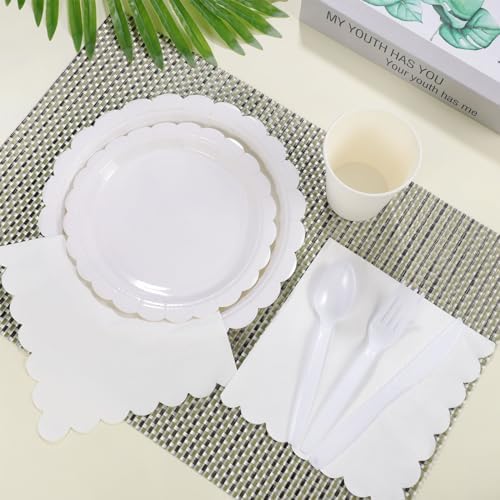 50 Set White Plates and Napkins Scalloped White Dinnerware - Image 4