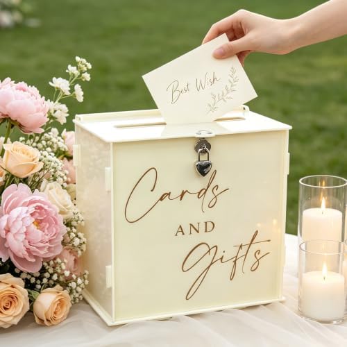 Acrylic Card Box with Lock & Slot, Warmy Cream Money Gift Card Box for Wedding Reception, Cash Envelope Box Ideal for Graduation Bridal Baby Shower Quinceanera & Baptism Party Supplies - Image 3