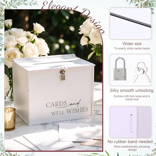 BreezeHug 14" Large Wedding Card Box with Lock, Minimalist White PVC Money Box for Reception, Modern Envelope Holder with Matching Thank You Sign for Bridal Shower, Anniversary & Formal Events - Image 5