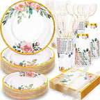 350PCS Floral Paper Plates Set, Disposable Plates With Gold Rim Serve 50 Guests, Party Supplies for Adults Garden Tea Party Bridal Shower Decorations by Gudvilla