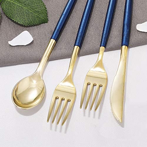Supernal 180Pcs Gold and Blue Plastic Silverware Set for Wedding and Party - Image 5
