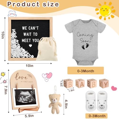 9 Pcs Pregnancy Announcements Set, Include Felt Letter Board Baby Bodysuit Shoes and Wooden Sign Surprise Announcement for Grandparents Partner Gift Family Reveal(Grey Coming soon-white shoe) - Image 2