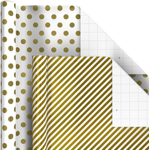 Hallmark Bulk Wrapping Paper Rolls for Birthday, Wedding, Graduation – Blue Metallic Gift Wrap Paper (Set of 6 Rolls: 180 Square Feet Total) Silver Stars, Gold Dots, Stripes, Navy - Image 4