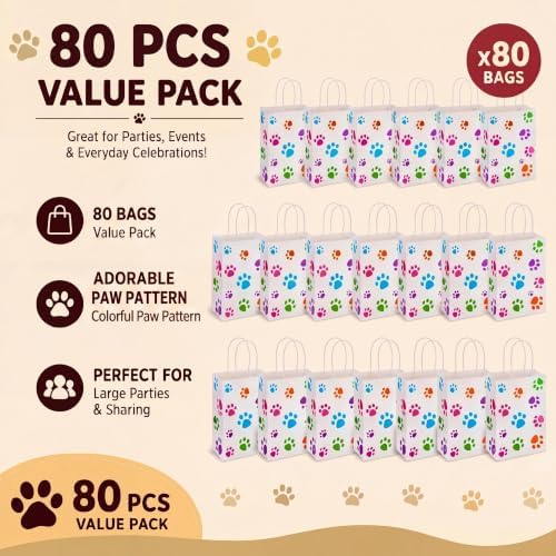 Tenceur 80 Pcs Dog Gift Bags Goodie Paw Puppy Paper Treat Bags Bulk with Handles 10.63 x 4.72 x 7.87 Inch Dog Themed Party Favors Shopping Holiday Kraft(White Colorful) - Image 4
