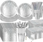 Funnymoom 452 Pcs Silver Birthday Party Decorations Include Diamonds Silver Glitter Paper Plates and Napkins Cups Tablecloth Cutlery Straws Disposable Tableware Set for Birthday Supplies by Funnymoom