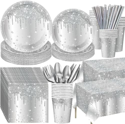 Funnymoom 452 Pcs Silver Birthday Party Decorations Include Diamonds Silver Glitter Paper Plates and Napkins Cups Tablecloth Cutlery Straws Disposable Tableware Set for Birthday Supplies by Funnymoom