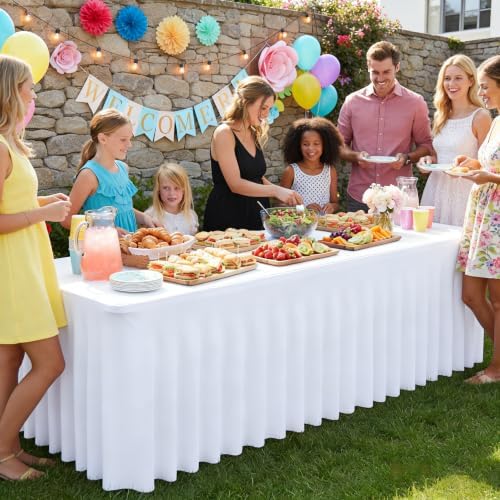 1 Pack White Tableclothes for 8 Foot Rectangle Tables, Wrinkle Resistant Fitted Table Cloth Stretch Spandex Table Covers with Skirt for Event Banquet Wedding Birthday Party - Image 5