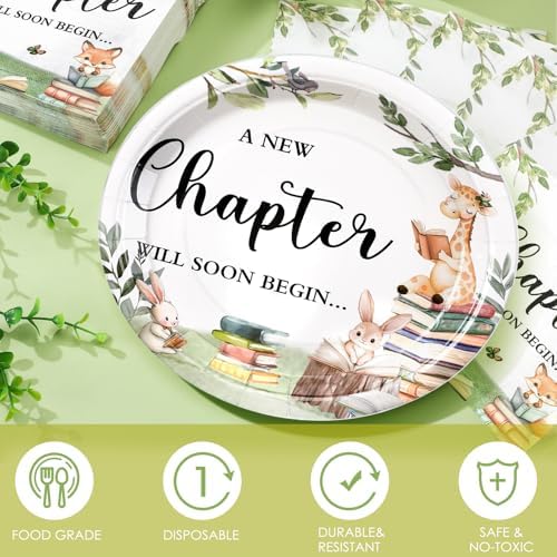 Hushee 200 Pcs Storybook Baby Shower Decorations Supplies A New Chapter Will Soon Begin Book Baby Shower Paper Plates Napkins Cups Library Reading Book Club Tableware Set for 50 Guest - Image 4