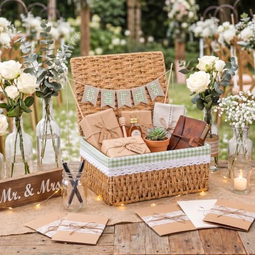 Gerrii Wedding Party Decoration 12 x 9.4 x 5.3 in Large Wicker Storage Basket with Lid Wedding Card Box and Card Banner Set Money Envelope Box Gift for Baby Shower Favor Supplies(Sage Green Plaid) - Image 2