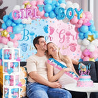170 PCs Baby Boxes Gender Reveal Decorations, Hombae Boy or Girl Gender Reveal Decorations What Will Baby Be Backdrop Balloon Garland Banner Tablecloth Cake Cupcake Topper Cutout Poster Sash Pink Blue - Image 6