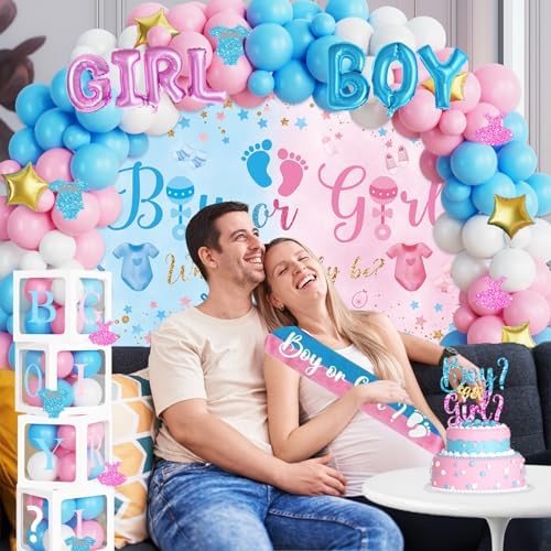 170 PCs Baby Boxes Gender Reveal Decorations, Hombae Boy or Girl Gender Reveal Decorations What Will Baby Be Backdrop Balloon Garland Banner Tablecloth Cake Cupcake Topper Cutout Poster Sash Pink Blue - Image 6