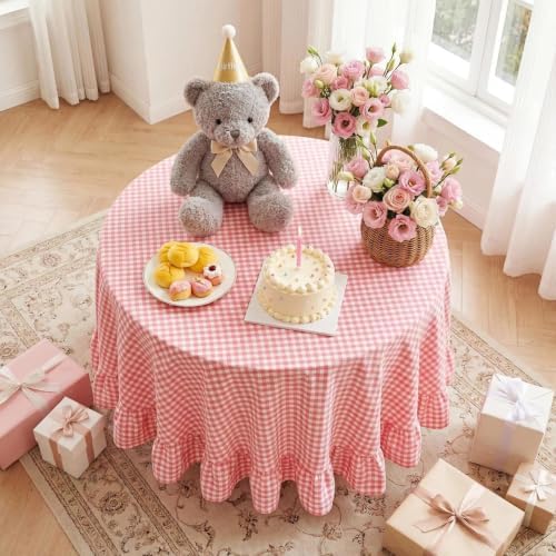 Eternal Beauty Gingham Ruffled Tablecloth Pink White 70 Round Farmhouse - Image 2