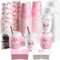 Jingmore 100 Set Pink Bow Coffee Cups with Lids, Straws and Sleeves Pink Bowknot Disposable Drinking Cup for Wedding Coquette Birthday Baby Shower Bachelorette Party Supplies (12 oz) by Jingmore