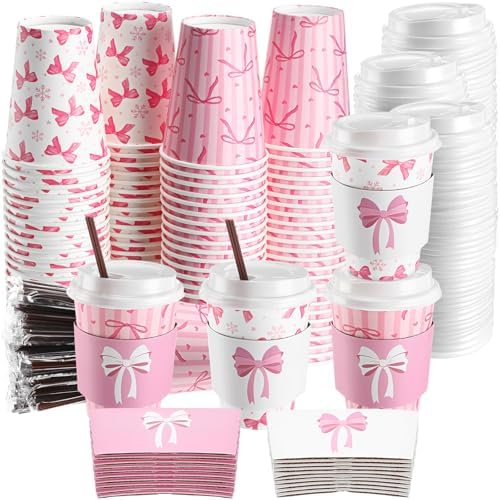 Jingmore 100 Set Pink Bow Coffee Cups with Lids, Straws and Sleeves Pink Bowknot Disposable Drinking Cup for Wedding Coquette Birthday Baby Shower Bachelorette Party Supplies (12 oz) by Jingmore