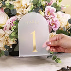 UNIQOOO Frosted Arch Wedding Table Numbers with Stands 1-30, Gold Foil Printed 5x7 Acrylic Display Signs and Holders, Pack of 30, Perfect for Centerpiece, Reception, Decoration, Party, Anniversary, Event - Image 6