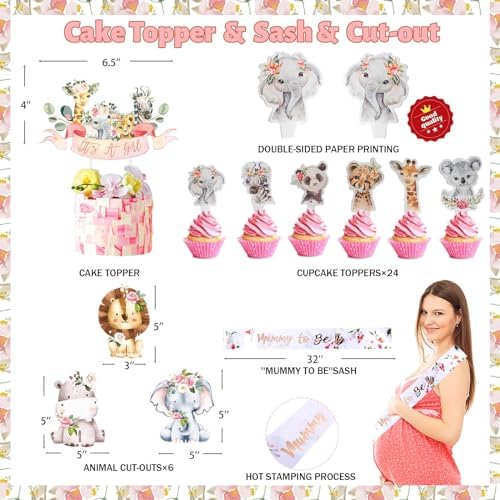 Safari Baby Shower Decorations for Girl, Jungle Themed Décor Backdrop Balloon Garland Arch Artificial Leaves Box Cutout Glitter Banner Cake Topper Sash Lion Cheetah Giraffe Pink 140 PCs - Image 4