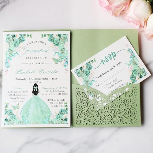 Hosmsua 50PCS Personalized Sage Green Wedding Invitation Pocket with Envelopes, 5.12 x 7.2 Trifold Laser Cut Lace Flora Invitations for Quinceanera Sweet 16 Quince Invitation - Image 6