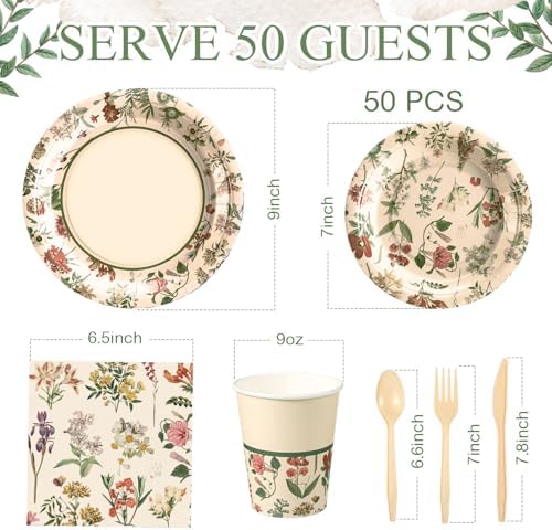 Roshtia Floral Party Supplies Set for 50 Guests - Watercolor Flowers Paper Plates & Napkins, Disposable Dinnerware for Women & Girls Birthday, Vintage Tea Party & Baby Shower Tableware - Image 2