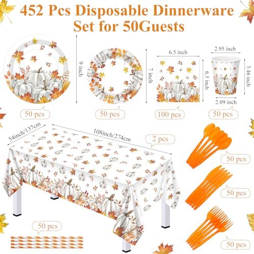 Funnymoom 452 Pcs Fall Pumpkin Party Supplies Tableware Set for 50 Guests - Image 3