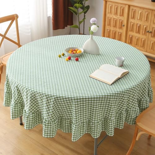 Sage Green White Gingham Tablecloth Round Dia.90” by KMASANIJI