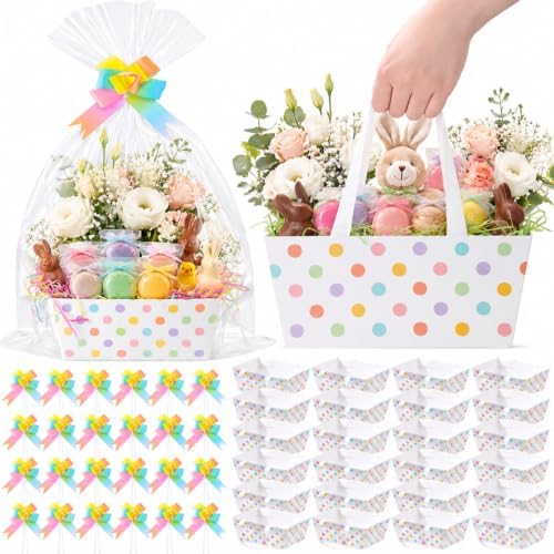 Funnymoom 24 Sets Gift Basket Boxes with Handle Clear Bags and Bows for Birthday Wedding Baby Shower Tea Party Favor Packaging 9.8x6.5 in by Funnymoom