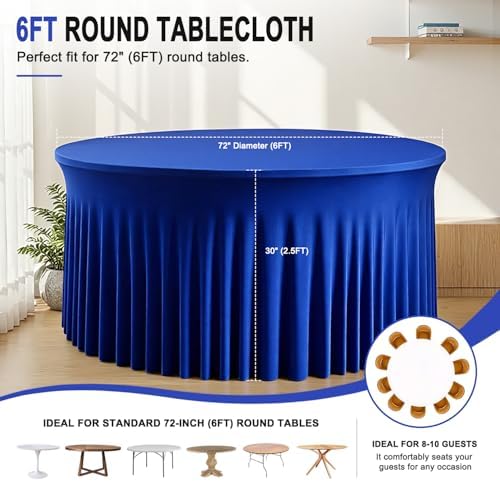 12 Pack 132inch Royal Blue Round Tablecloth, Circle Stretch Table Cloths for 6 FT Tables, Round Royal Blue Table Skirt for Wedding Birthday Photography Party Social Events Engagement Party Decor - Image 2
