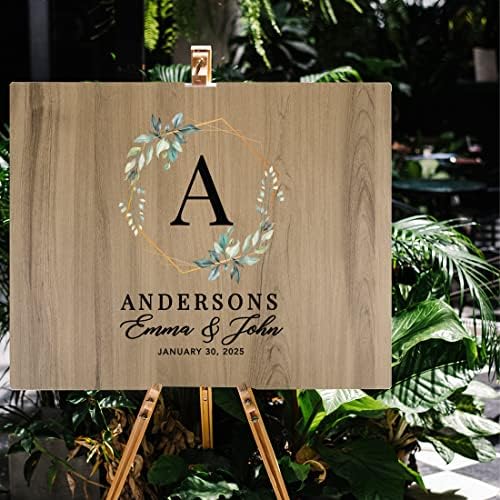 Andaz Press Large Wooden Welcome Sign for Wedding Rustic Welcome Sign 16" x 20" Custom Names & Date Geometric Greenery Fall Wedding Signage English Oak MDF Wood Finish Reception Indoor Outdoor Sign - Image 4