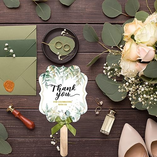 Huwena 50 Sets Wedding Fans for Guests Handheld Fans, Green, Leaf - Image 2