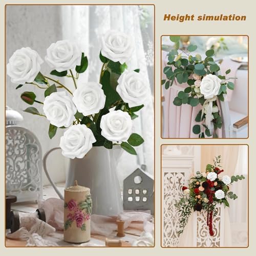 100 PCS White Artificial Flowers Realistic Roses - Real Looking Fake Roses with Bentable Stem for DIY Wedding Bouquets Centerpieces Bridal Shower Party Home Romantic Decorations (White) - Image 5