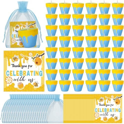Conelist 48 Sets Bee Themed Candle Set for Baby Shower Party Favors Cute Honey Jar Candle with Thank You Tags Organza Bags Baby Shower Gifts for Guest Gender Reveal Party Decoration Gifts (Blue) by Conelist
