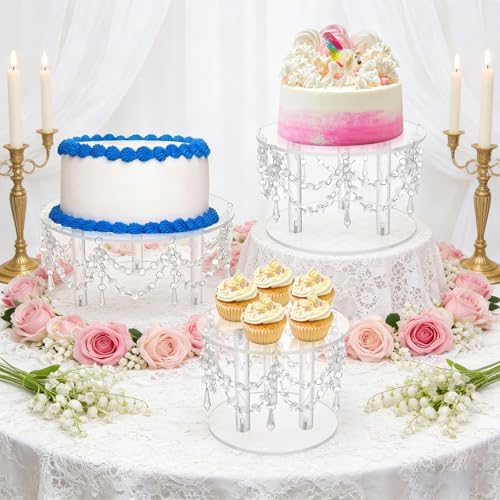 3Pcs Acrylic Cake Stand Set w/ Crystal Pendants,7.9/9.8/12.6 Inch - Image 5