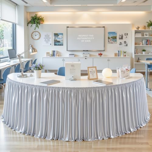Wish Care 14ft Silver Satin Table Skirt for Rectangle Tables Wrinkle Free Teacher Desk Skirt Glitter Ruffle Table Skirting Cloth for Back to School Classroom Office Dorm Birthday Party Table Decor by WishCare
