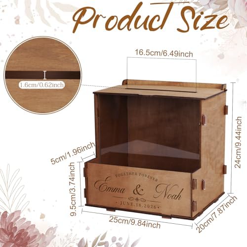 OurWarm Personalized Wedding Card Box with Names & Date Laser-Cut Engraving - Image 4