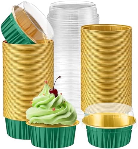 200 Pack Aluminum Cupcake Liners with Lids,Dark Green,Plain by Gandeer