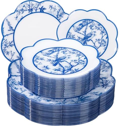 LIYH 60 Pcs Blue Plastic Plates Set - Heavy Duty Floral and White Plastic Plates for Party Wedding Elegant Plate Bridal Shower Floral Dinnerware Set - 10.25" Dinner & 7.5" Dessert Plate by LIYHLoveinyourheart