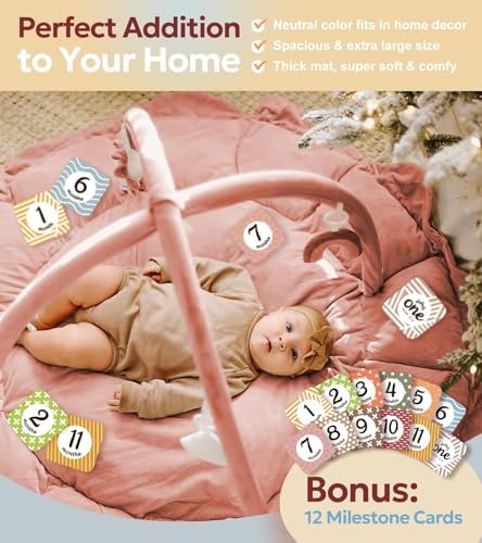 Mallify 5-in-1 Thick Plush Baby Play Gym Mat, Tummy Time Mat with 6 Sensory Toys, Baby Play Mat, Convertible Baby Gym for Stage-Based Development from Babies to Toddlers, Baby Essentials Gift, Pink - Image 4