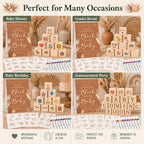 117 Pcs Baby Shower Blocks to Decorate Game Kit, 52 Wooden Baby Blocks for Baby Shower Games, 24 Acrylic Markers, 10 Stencils, Game Sign, DIY Baby Shower Activity & Gender Reveal Decor, Kraft Boho - Image 4